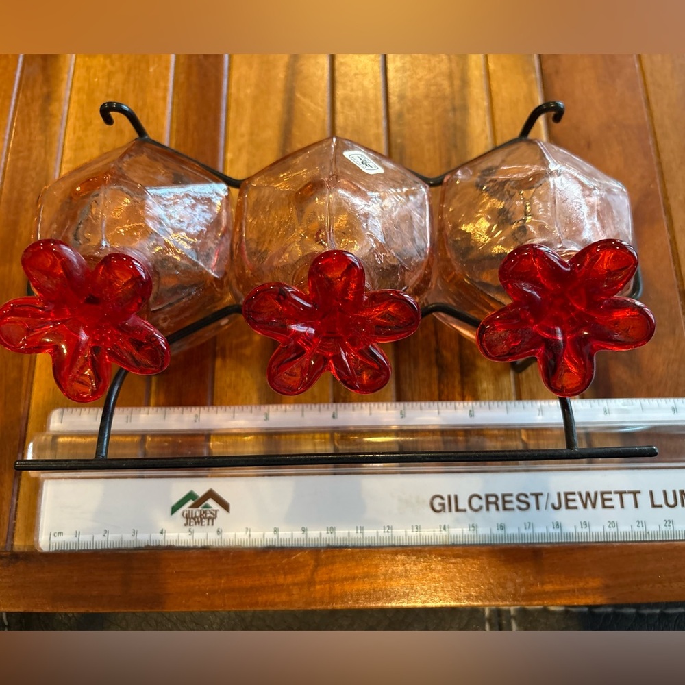 Vintage Parasol Triple Hummingbird Feeder Set Pink Glass Bottles w/ Metal Rack - Picture 8 of 9